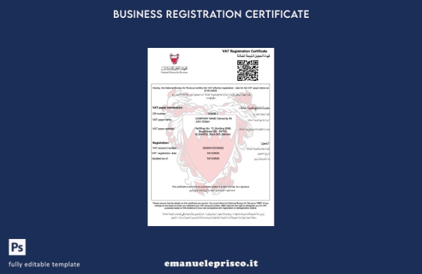 stile verificato Certificato di registrazione IVA del Bahrein Modello Word e PDF